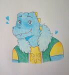 &lt;3 2017 absurd_res alligatorid anthro azurlligator blue_body blue_eyes blue_heart blue_scales bust_portrait clothed clothing crocodilian eternal_forwardness eyebrows fangs furred_clothing graphite_(artwork) green_clothing green_topwear green_vest hi_res male nathile_tiduna orange_clothing orange_shirt orange_topwear pencil_(artwork) portrait reptile scales scalie scutes shirt simple_background smile smiling_at_viewer solo symbol teeth topwear traditional_media_(artwork) vest violetmadness7 yellow_scutes