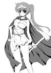  blush breasts cape cleavage cosplay dragon_quest dragon_quest_iii elbow_gloves frapowa gloves greyscale large_breasts long_hair lyrical_nanoha mahou_shoujo_lyrical_nanoha_strikers monochrome sage_(dq3) sage_(dq3)_(cosplay) side_ponytail smile solo staff takamachi_nanoha 