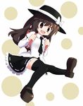  aho backpack bag black_legwear brown_eyes brown_hair fang hat highres instrument long_hair mary_janes necktie randoseru recorder red_eyes shoes skirt solo thighhighs touhou usami_renko 