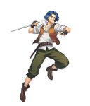  1boy belt black_footwear black_gloves blue_eyes blue_hair boots brown_belt clenched_teeth dagger fingerless_gloves fire_emblem fire_emblem:_thracia_776 fire_emblem_heroes full_body gloves grey_pants holding holding_dagger holding_knife holding_weapon knife looking_to_the_side official_art otorihara pants perne_(fire_emblem) solo teeth third-party_source v-shaped_eyebrows weapon 