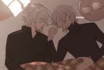  2boys :d antonio_salieri_(fate) antonio_salieri_(second_ascension)_(fate) black_shirt blanket blush casual closed_eyes closed_mouth collared_shirt cross-shaped_pupils cup edmond_dantes_(fate) fate/grand_order fate_(series) from_above grey_hair happy highres holding_hands long_sleeves looking_at_another lying male_focus mug multiple_boys on_back open_collar open_mouth pillow shirt short_hair smile sumi_(gfgf_045) symbol-shaped_pupils tray turtleneck under_covers upper_body white_hair wing_collar yellow_eyes 