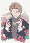  1boy bajiang brown_hair bug butterfly closed_eyes commentary dated facing_viewer flower grey_sweater holding holding_flower long_sleeves male_focus original petals red_flower solo sweater turtleneck turtleneck_sweater upper_body yellow_butterfly 