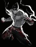  1boy abs absurdres arm_guards bare_pectorals belt black_background black_hair closed_mouth dougi fighting_stance fingerless_gloves gloves hair_between_eyes hair_over_eyes highres isdx00 kazama_jin looking_at_viewer male_focus martial_arts martial_arts_belt muscular muscular_male pectorals red_belt red_eyes signature simple_background solo spiked_hair tekken topless_male twitter_username 