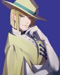  13_(bbr584607091) 1boy blonde_hair blue_background bob_cut commentary gloves green_eyes hand_up hat_feather highres long_sleeves looking_at_viewer male_focus robe rook_hunt shading_face shirt simple_background smile solo symbol-only_commentary thinking twisted_wonderland upper_body white_gloves white_shirt yellow_headwear yellow_robe 