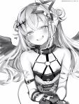  1girl :d absurdres amane_kanata amane_kanata_(another_world) arm_belt bandaged_arm bandages bare_shoulders belt_collar blush chest_harness collar crossed_bangs double_bun flat_chest greyscale hair_between_eyes hair_bun hair_ornament harness heart highres hololive long_hair looking_at_viewer monochrome nanashi_(nlo) nipple_slip nipples o-ring official_alternate_costume open_mouth revealing_clothes shoulder_tattoo simple_background smile solo tattoo virtual_youtuber wings 