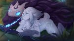  1girl animal_ears artist_name body_markings bow_(weapon) closed_mouth completely_nude crossed_arms fur_collar furry furry_female grass green_eyes grey_hair highres holding holding_bow_(weapon) holding_weapon kindred_(league_of_legends) lamb_(league_of_legends) league_of_legends legs_apart long_hair lying no_mask nude on_stomach open_mouth scappo sharp_teeth sheep_ears sheep_tail smile tail teeth weapon wolf_(league_of_legends) 