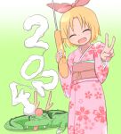  1girl 2024 animal annaka_haruna blonde_hair bow cherry_blossom_print chinese_zodiac closed_eyes dead_animal dragon floral_print floral_print_kimono gradient_background green_background hair_bow head_bump highres holding holding_weapon japanese_clothes kimono nichijou open_mouth owlz pink_kimono print_kimono red_bow smoke solo tongue tongue_out v weapon weapon_request white_background x_x year_of_the_dragon 