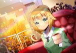  1girl armchair black_necktie blonde_hair brick_wall chair closed_mouth collared_shirt commentary_request commission copyright_request cup dutch_angle fireplace green_eyes green_jacket hand_up holding holding_cup jacket kou_hiyoyo long_sleeves mug necktie on_chair shirt skeb_commission smile solo upper_body virtual_youtuber white_shirt 