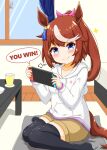  1girl alternate_costume azuma_satsuki bed blue_eyes brown_hair casual collarbone english_text hair_ornament handheld_game_console highres horse_girl long_hair looking_at_viewer ponytail shorts sitting smile smug solo table thighhighs tokai_teio_(umamusume) umamusume window 