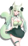  1girl :d absurdres animal_ears arknights black_bow blush bow bow_skirt breasts cat_ears cat_girl cat_tail cleavage cowboy_shot fang green_bow green_eyes green_hair green_shirt green_skirt hair_bow harmonie_(arknights) highres infection_monitor_(arknights) large_breasts long_hair open_mouth pleated_skirt shirt shirt_tucked_in simple_background skin_fang skirt skirt_tug smile solo strapless strapless_shirt tail tail_ornament tail_ring white_background yokaze_kotoha 