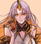  1girl bare_shoulders blonde_hair breasts can cleavage colored_inner_hair commentary drink_can english_commentary fire_emblem fire_emblem_heroes forehead gold_horns grey_background grey_hair gullveig_(fire_emblem) highres holding holding_can horns long_hair looking_at_viewer multicolored_hair pale_skin parted_bangs parted_lips sethkiel simple_background single_horn soda_can solo very_long_hair yellow_eyes 