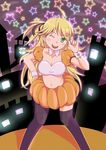  black_legwear blonde_hair breasts bubble_skirt building candy cleavage collar food green_eyes hair_ribbon halloween hand_on_hip highres hoshii_miki idolmaster idolmaster_(classic) lollipop long_hair medium_breasts midriff one_eye_closed orange_skirt ribbon rumil skirt smile solo star thighhighs wrist_cuffs zettai_ryouiki 