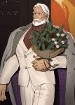  1boy bara beard blue_eyes bouquet coat coat_on_shoulders cowboy_shot dark-skinned_male dark_skin facial_hair highres holding holding_bouquet jp_(street_fighter) male_focus mature_male medium_hair muscular muscular_male mustache old old_man pinecone sa1k0p solo street_fighter street_fighter_6 suit thick_beard thick_eyebrows thick_mustache walking white_hair white_suit 