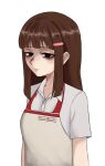  1girl absurdres aged_up apron bags_under_eyes brown_hair cashier closed_mouth collared_shirt commentary doujima_nanako empty_eyes english_commentary grey_apron hair_ornament hairclip highres long_hair looking_at_viewer n7grey name_tag persona persona_4 shirt sidelocks simple_background solo upper_body white_background white_shirt 