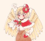  1girl animal animal_on_head bell bird bird_on_head bird_wings blonde_hair blush brown_dress capelet closed_mouth dress feathered_wings hair_between_eyes holding holding_sack itomugi-kun long_sleeves mittens multicolored_hair niwatari_kutaka on_head red_capelet red_eyes red_hair red_mittens sack shirt short_hair simple_background solo squiggle touhou two-tone_hair white_shirt wings yellow_background yellow_wings 