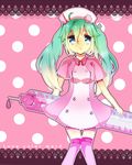  bad_id bad_pixiv_id blue_eyes green_hair hat hatsune_miku koiiro_byoutou_(vocaloid) large_syringe long_hair nurse nurse_cap over-kneehighs oversized_object solo suzuran_(oto1008) syringe thighhighs twintails vocaloid 