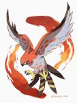  animal_focus artist_name aura beak bird_tail black_eyes commentary_request floating grey_feathers highres kosokoso_002 no_humans orange_feathers pokemon pokemon_(creature) simple_background tail talonflame talons twitter_username white_background wings 