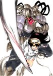  1girl armor bambietta_basterbine bankai black_hair bleach bleach:_sennen_kessen-hen commentary_request floating_hair gloves hat highres incoming_attack japanese_armor ken&#039;ichi_(ken1ro_u) kokujou_tengen_myouou_(bankai) kubo_tite_(style) long_hair looking_at_viewer military_hat official_style open_mouth orange_eyes shirt simple_background skirt solo v-shaped_eyebrows wandenreich white_background white_gloves white_headwear white_shirt white_skirt 