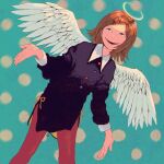 1girl angel angel_wings brown_hair evil_smile feathered_wings hair_ornament hairclip halo highres original pants red_pants smile solo ttanne wings 