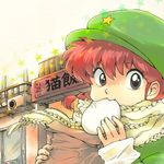  air_conditioner bad_id bad_pixiv_id bag baozi beret black_eyes braid eating food genderswap genderswap_(mtf) hat long_hair looking_at_viewer nina_(pplumxx) paper_bag ranma-chan ranma_1/2 red_hair saotome_ranma scarf single_braid solo 