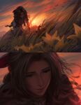  1girl absurdres aerith_gainsborough bangle bird bracelet braid braided_ponytail closed_mouth commentary dress english_commentary final_fantasy final_fantasy_vii final_fantasy_vii_rebirth final_fantasy_vii_remake flower flower_basket grass green_eyes hair_ribbon highres jacket jewelry kneeling long_hair mountainous_horizon orange_sky outdoors parted_bangs pink_dress pink_ribbon red_jacket ribbon safaiaart short_sleeves sky solo sunset yellow_flower 