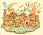  1girl bat black_cat candle candy cat crescent_moon food ghost halloween harukage jack-o'-lantern moon original pumpkin star traditional_media tree watercolor_(medium) 