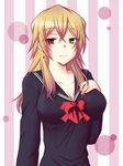  bad_id bad_pixiv_id blonde_hair breasts cleavage earrings genderswap genderswap_(mtf) heterochromia highres jewelry large_breasts long_hair miki_souya pandora_hearts red_eyes school_uniform serafuku smile solo vincent_nightray yellow_eyes 