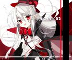  1girl arknights artist_name blush bow bowtie braid fangs french_braid grey_hair hair_between_eyes hat itsuki_02 long_hair looking_at_viewer official_alternate_costume open_mouth pointy_ears red_bow red_bowtie red_eyes request_inset slit_pupils solo top_hat vampire warfarin_(arknights) warfarin_(the_feast)_(arknights) 