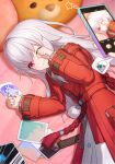 2girls absurdres blurry cellphone chibi chinese_commentary clara_(honkai:_star_rail) closed_mouth coat commentary_request highres holding holding_phone honkai:_star_rail honkai_(series) long_hair long_sleeves lying march_7th_(honkai:_star_rail) multiple_girls official_art_inset on_bed on_side one_eye_closed out_of_frame phone photo_(object) pom_pom_(clothes) red_coat red_eyes rubbing_eyes smartphone star_(symbol) taking_picture waking_up white_hair yidie 