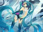  aqua_eyes aqua_hair arched_back bad_id bad_pixiv_id bridal_gauntlets center_opening hatsune_miku hatsune_miku_(append) highres holographic_monitor long_hair mins_(minevi) navel necktie solo thighhighs twintails very_long_hair vocaloid vocaloid_append 