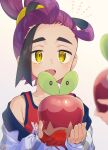  1boy 1other absurdres apple applin black_eyes black_hair blurry blurry_foreground collarbone colored_inner_hair colored_sclera commentary_request food fruit gloves green_sclera highres kieran_(pokemon) multicolored_hair open_mouth partially_fingerless_gloves pokemon pokemon_(creature) pokemon_sv purple_hair red_gloves red_shirt shirt simple_background sleeveless sleeveless_shirt smile solo_focus two-tone_hair upper_body white_background worm yellow_eyes yupiteru 