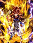  absurdres aura black_hair closed_mouth dougi dragon_ball dragon_ball_gt dragon_ball_legends gloves gogeta highres long_hair looking_at_viewer male_focus metamoran_vest monkey_boy monkey_tail multiple_boys muscular muscular_male official_art pants pectorals red_fur saiyan smile son_goku spiked_hair super_saiyan super_saiyan_4 tail vegeta 