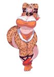 absurd_res anthro bell big_breasts breasts clothed clothing felid female footchicken hair hand_on_head hi_res humanoid lena_(chaliefb) leopard lion long_tail mammal multicolored_hair navel pantherine ponytail red_hair solo tail thick_thighs two_tone_hair white_hair