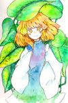  bad_id bad_pixiv_id blonde_hair conose dress leaf leaf_background long_sleeves moriya_suwako short_hair smile solo touhou traditional_media watercolor_(medium) yellow_eyes 