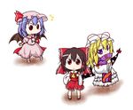  3girls :&lt; bat_wings black_hair blonde_hair blue_hair bow covering_face detached_sleeves dress fan gap gokei gown hair_bow hakurei_reimu hand_on_hip hat hat_ribbon long_hair long_sleeves multiple_girls necktie ofuda purple_eyes red_eyes remilia_scarlet ribbon shoes short_hair sitting skirt skirt_lift socks surprised tears touhou wings yakumo_yukari 