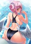  1girl angel_wings ass black_one-piece_swimsuit blue_archive blush breasts closed_mouth double_bun feathered_wings hair_bun halo highres kawai_(purplrpouni) large_breasts mika_(blue_archive) one-piece_swimsuit pink_hair pink_halo pool short_hair sitting smile solo swimsuit tongue tongue_out water white_wings wings yellow_eyes 