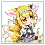  1girl animal_ears arknights black_gloves blonde_hair blue_hairband blush braid braided_hair_rings chibi colored_tips commentary_request dress earpiece flower fox_ears fox_girl fox_tail full_body gloves hair_rings hairband highres kitsune kyuubi lily_of_the_valley multicolored_hair multiple_tails name_connection nasumikan_(nodoame241) object_namesake open_mouth purple_dress short_hair single_glove single_wrist_cuff sitting solo suzuran_(arknights) tail triangle_mouth twin_braids two-tone_hair white_hair wrist_cuffs yellow_eyes 