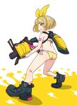  .52_gal_(splatoon) 1girl absurdres arm_tattoo ass bikini black_footwear blonde_hair bow bright_pupils butt_crack commentary_request full_body green_eyes gun hairband highres holding holding_gun holding_weapon ink_tank_(splatoon) kagamine_rin panties shoes short_hair side-tie_bikini_bottom smile solo splatoon_(series) splatoon_3 sumiyama swimsuit tattoo teeth underwear vocaloid weapon white_background yellow_bow yellow_hairband yellow_panties 