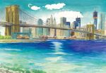  artworksmil blue_sky bridge building city cloud cloudy_sky harbor new_york original painting_(medium) river sky skyscraper traditional_media water watercolor_(medium) 