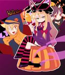  bad_id bad_pixiv_id chen food_themed_hair_ornament hair_ornament halloween jack-o'-lantern multiple_girls numako panty_&amp;_stocking_with_garterbelt parody pumpkin pumpkin_hair_ornament striped striped_legwear style_parody thighhighs touhou yakumo_ran yakumo_yukari 