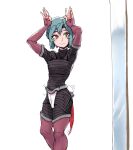  1girl arms_at_sides arms_up blue_hair blush breasts cropped_legs des_(desvitio) highres lily_(desvitio) looking_at_mirror mirror neck nose original science_fiction short_hair simple_background smile solo thighs white_background yellow_eyes 