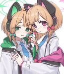  2girls absurdres animal_ear_headphones animal_ears aruruaaaa blonde_hair blue_archive blush bow closed_mouth collared_shirt fake_animal_ears green_bow green_eyes green_halo hair_bow halo headphones highres jacket long_sleeves midori_(blue_archive) momoi_(blue_archive) multiple_girls open_clothes open_jacket open_mouth pink_halo red_bow red_eyes shirt short_hair siblings simple_background sisters smile twins white_background white_jacket white_shirt 