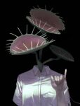  1girl black_background breast_pocket breasts carnivorous_plant collared_shirt commentary_request dark dress_shirt facing_viewer hand_up highres medium_breasts monster_girl object_head original oversized_flower pinky_out plant plant_girl pocket shirt short_sleeves simple_background solo string string_of_fate upper_body venus_flytrap white_shirt yiwoo2030 
