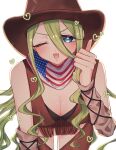  1girl american_flag arm_up black_bra blonde_hair blush bra breasts chaps cleavage cowboy_hat detached_sleeves green_eyes hair_between_eyes hat heart highres kimi_no_koto_ga_dai_dai_dai_dai_daisuki_na_100-nin_no_kanojo large_breasts leaning_forward long_hair looking_at_viewer neckerchief one_eye_closed open_mouth popo_po731 print_neckerchief solo tank_top tassel thighs thumbs_up underwear white_background yamato_nadeshiko_(100kanojo) 