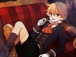  alternate_costume argyle argyle_legwear blonde_hair blue_eyes couch cross crossed_legs fang formal halloween happy_halloween kagamine_len lying male_focus mismatched_legwear on_back pointy_ears ponytail sitting socks solo stitches tama_(songe) vocaloid 
