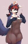 2022 4_fingers after_shower anthro canid canine dated female fingers fluffy fox fur grey_body grey_fur hair hi_res holding_object ingi ingi_(character) kemono looking_down mammal red_eyes red_hair signature simple_background solo standing towel towel_only wet white_body white_fur
