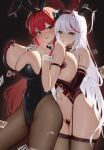  1girl aegir_(azur_lane) animal_ears azur_lane bare_shoulders black_horns black_leotard black_pantyhose breasts cleavage covered_nipples curled_horns demon_girl demon_horns elbow_gloves fake_animal_ears gloves grabbing grabbing_another&#039;s_breast hair_between_eyes hair_on_horn highres hindenburg_(azur_lane) hindenburg_(delirious_duel)_(azur_lane) horns huge_breasts large_breasts leotard long_hair looking_at_viewer multicolored_hair ningri_(lianyungangwyz) official_alternate_costume pantyhose playboy_bunny pointy_ears rabbit_ears red_eyes red_hair solo streaked_hair two-tone_hair very_long_hair white_hair yellow_eyes 