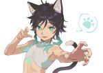  1boy androgynous animal_ears aqua_hair black_hair braid cat_boy cat_ears cat_tail chest_tattoo crop_top fridaynightcat genshin_impact highres low_twin_braids male_focus multicolored_hair shirt short_hair_with_long_locks solo tail tattoo twin_braids venti_(archon)_(genshin_impact) venti_(genshin_impact) white_shirt 