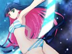  armpits ass bangs blue_hair blunt_bangs bow bra breasts cleavage green_eyes hair_bow hattori_masaki katana large_breasts lingerie long_hair looking_back multicolored_hair panties panty_&amp;_stocking_with_garterbelt pink_hair solo stocking_(psg) striped striped_panties sword underwear underwear_only weapon 