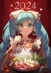  1girl 2024 :t absurdres apron blue_eyes blue_hair bow bowl brown_kimono chopsticks commentary eating english_commentary food hair_bow hatsune_miku highres holding holding_chopsticks japanese_clothes kimono long_hair long_sleeves solo sparkling_eyes twintails upper_body very_long_hair vocaloid white_apron white_bow xiaoya_(user_nvhw7428) yuki_miku yuki_miku_(2024) 